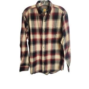 Bass Pro Shops Mens Plaid Flannel Shirt Burgundy Cream Navy Blue Cotton Large